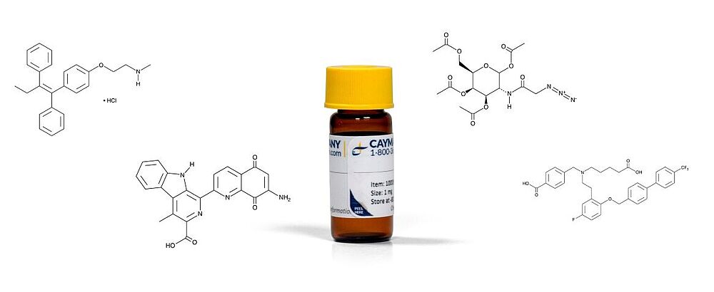 cayman vial photo with illustrations of molecules in background